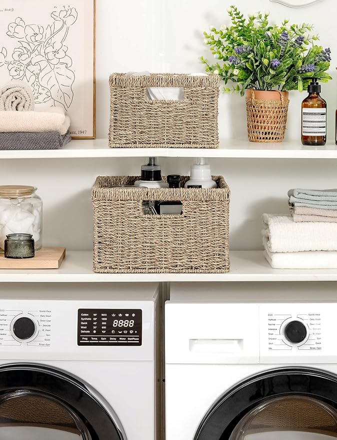 StorageWorks Wicker Storage Baskets, Handwoven Seagrass Basket for Organizing, Decorative Wicker Baskets with Built-in Handles, Set of 2 - Image 6