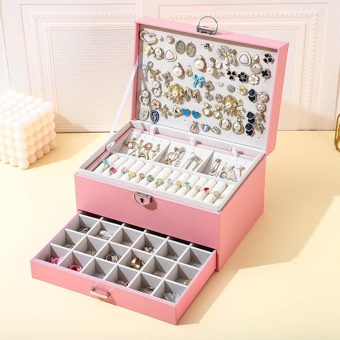 BOOVO Earring Jewelry Box For Women Girl Stud Organizer, 5 Layers Girl Jewelry Organizer Box With Lock Earring Holder Organizer Necklace Ring Jewelry Organizer Box For Girls (Pink) - Image 6