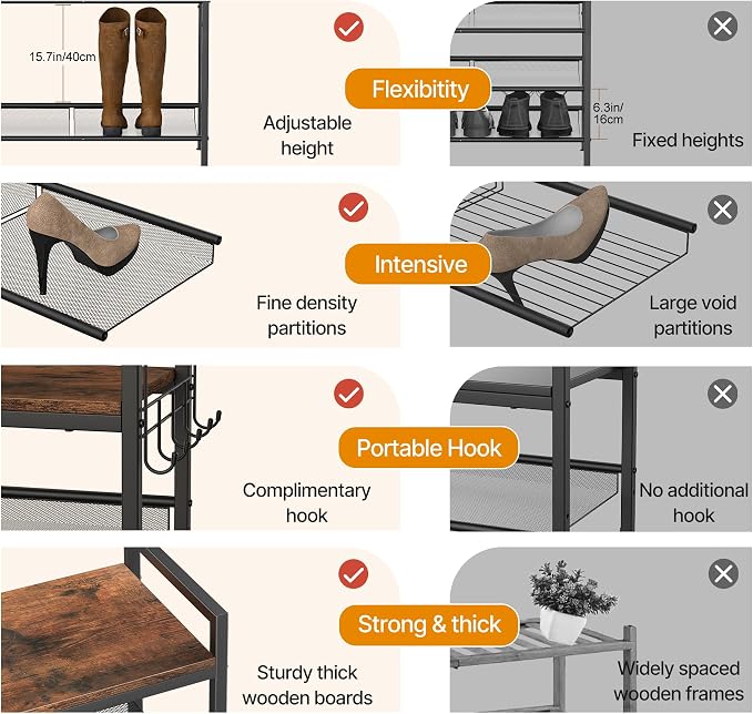 5 Tier Shoe Rack, Shoe Rack for Entryway with Hook, Shoe Organizer with Adjustable Mesh Shelves, Metal Shoe Storage, Closet, Bedroom Living Room Garage - Image 5