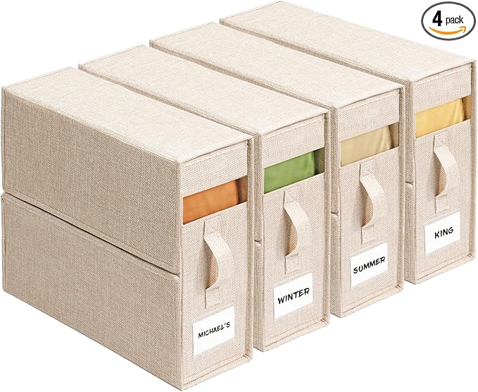 4 Pack Sheet Storage Organizer (King & Queen Size) with handle, Foldable Sheet Set Organizer for Linen Closet, Sheet Organizer for Blanket, Coverlet and Towel, Beige by ZenStorage