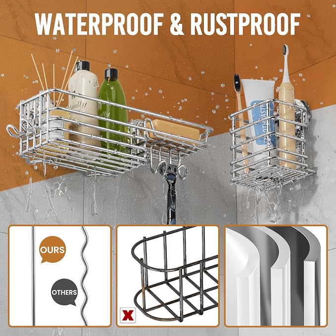 LEVERLOC Shower Caddy Suction Cup, 3 Pack Heavy Duty Bathroom Organizer for Inside Shower with Hooks & Soap Holder, Removable Bathroom Organizer, Rustproof Silver Holder Storage Storage,Silver - Image 4