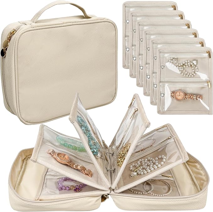 Travel Jewelry Organizer Case,Jewelry Bags for Traveling, Jewelry Binder with 24 Pcs Clear Zipper Velvet Pouches for Storing Earrings, Rings, Necklace, Bracelet, Watch (Beige) by LingLingo