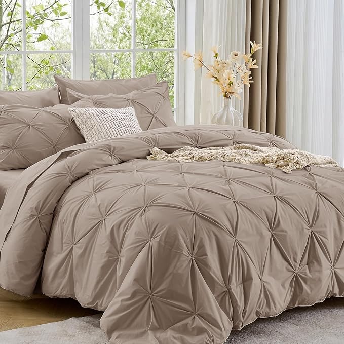 Sasttie King Size Comforter Set, 7-Piece Bed in a Bag, Pintuck Bedding Set for All Season, Includes Comforter, Flat Sheet, Fitted Sheet, Pillowcases and Pillowshams, Dark Linen