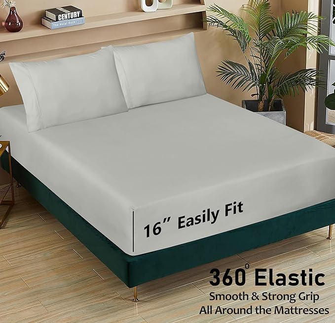 RUVANTI 100% Cotton Sheets – Queen Size Percale Bedding, Cooling & Breathable, Durable with a Crisp, Soft & Comfortable Feel, 16" Deep Pocket, 4-Piece Set, Silver