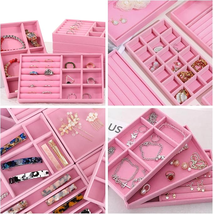 12Pcs Velvet Stackable Jewelry Trays, Jewelry Drawer Organizer, Large Removable Display Jewelry Tray, Necklace Bracelet Storage Box for Earring, Ring, Brooch, Watch (Pink) - Image 7