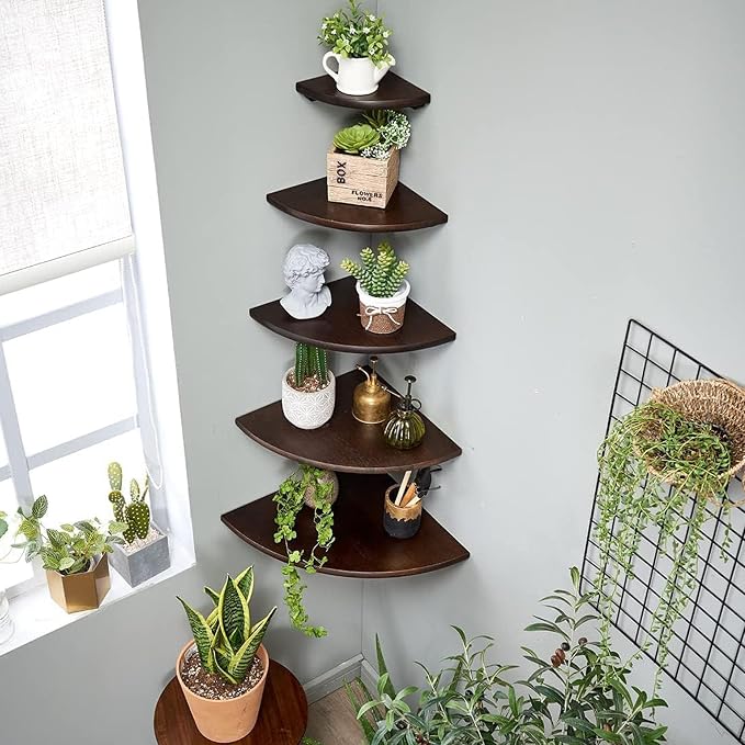 Corner Shelves, Floating Corner Shelf, Set of 2 Solid Oak Wood Wall Shelves, Round End Wall Mount with Wire Hole Shelving for Small Plant for Bedroom Kitchen, Living Room Walnut 8.7” - Image 2