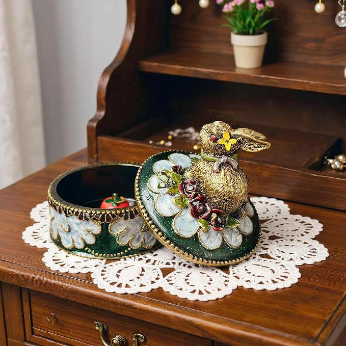 Handcrafted Rabbit Jewelry Box, Antique Gold Finish with Enamel Accents, Vintage Trinket Box for Rings and Small Keepsakes, Decorative Bunny Figurine Ornament - Image 5