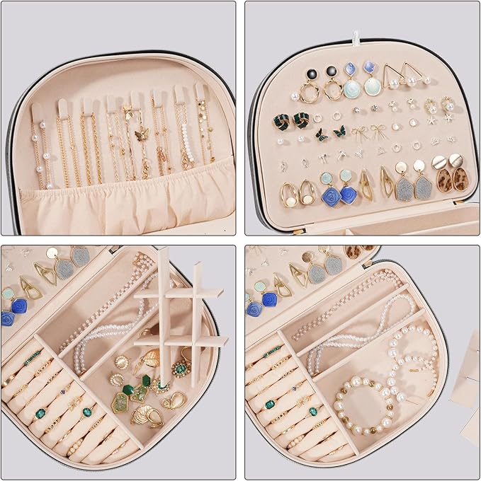 ProCase Travel Size Jewelry Box, Large Portable Seashell-Shaped Jewelry Case, 2 Layer Jewelry Organizer in PU Leather for Women -Black - Image 3