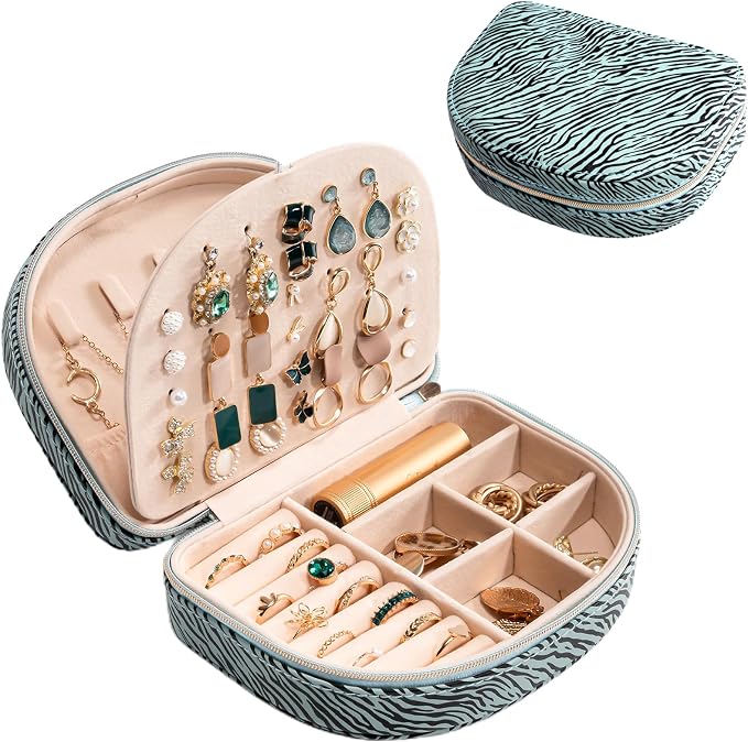 ProCase Travel Size Jewelry Box, Medium Portable Seashell-Shaped Jewelry Case, 2 Layer Jewelry Organizer in PU Leather for Women -Stripe by ProCase