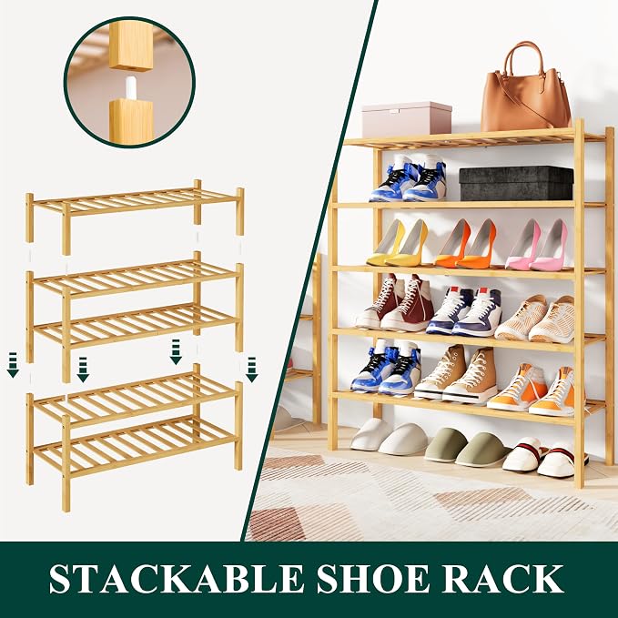 Smiry Shoe Rack, 2 Tier Bamboo Shoe Organizer, Stackable Free Standing Wooden Shoe Storage Shelf for Closet, Entryway, Front Door Entrance, Natural - Image 4
