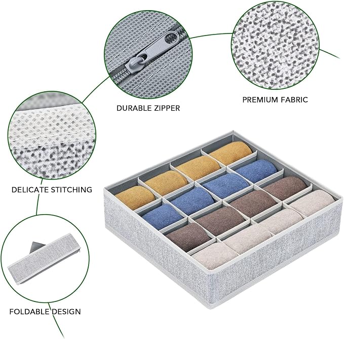 Joyoldelf Sock Drawer Organizer Divider Underwear Organizer 16-cell Fabric Dresser Drawer Organizers Storage Boxes for Socks Lingerie, Handkerchiefs, Ties 4 Pack (Blended-Grey) - Image 7