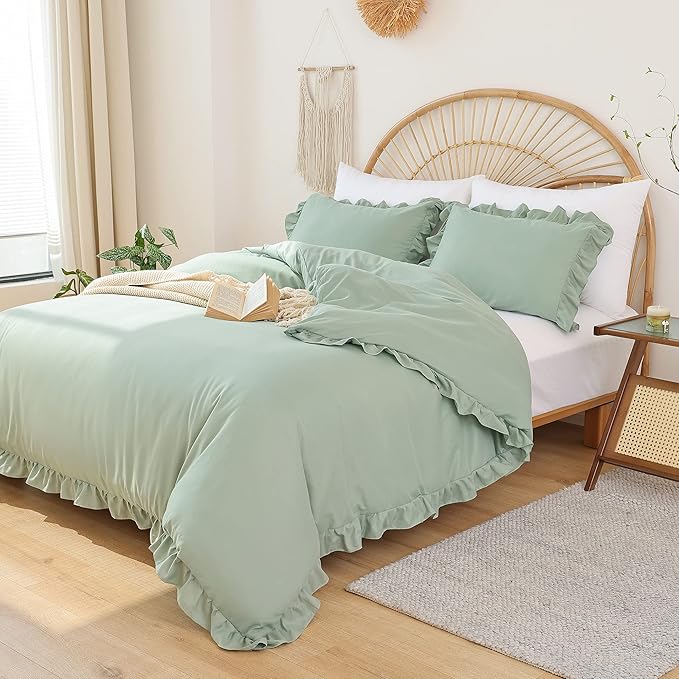 JANZAA Twin Comforter Set Sage Green Comforter Set 2PCS Ruffled and 1 Pillow Case Fluffy Vintage Farmhouse Shabby Chic Bedding Soft All Season