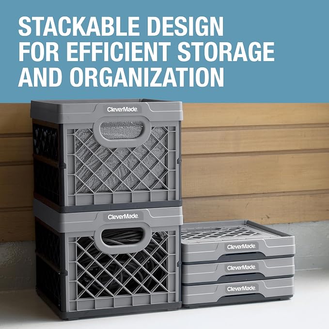 CleverMade Collapsible Milk Crate 25L (6.6 Gal) 3 Pack, 50 lb Capacity Heavy Duty Folding Crate – Stackable Storage Crates with File Rails, Plastic Collapsible Crates - Stone - Image 6
