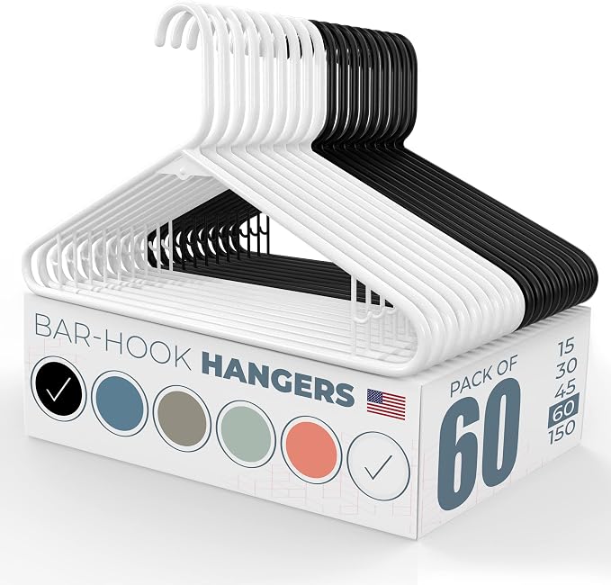 Neaties Plastic Hangers 50 Pack (60 Count) – Made in the USA – 6lb Capacity Standard Clothes Hangers with Strap Hooks for Dresses, Lingerie, Shirts, Pants, and Jackets – White & Black by NeatiesHangers