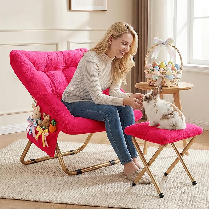 Kasunpul Comfy Saucer Chair, Foldable Living Room Chairs, Soft Faux Fur Lounge Chair for Bedroom, Reading Chairs for Adults, Teens, X-Large (Hot Pink)