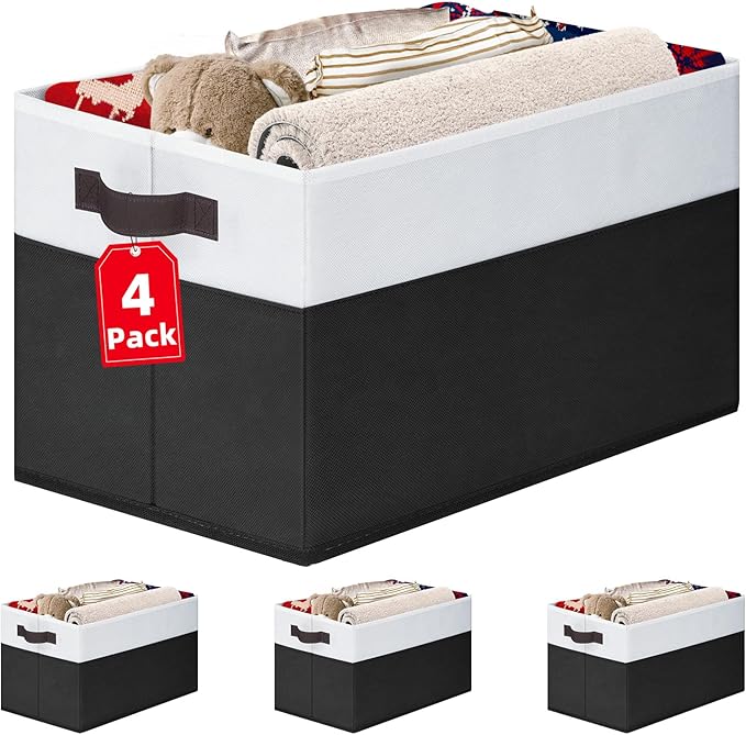 Criusia Large Storage Bins for Shelves 4 Pack, Closet Storage Baskets for Clothes Blanket Beddings Towels, Collapsible Fabric Closet Organizer Bins with Handles/ Laundry Room Organization by Criusia