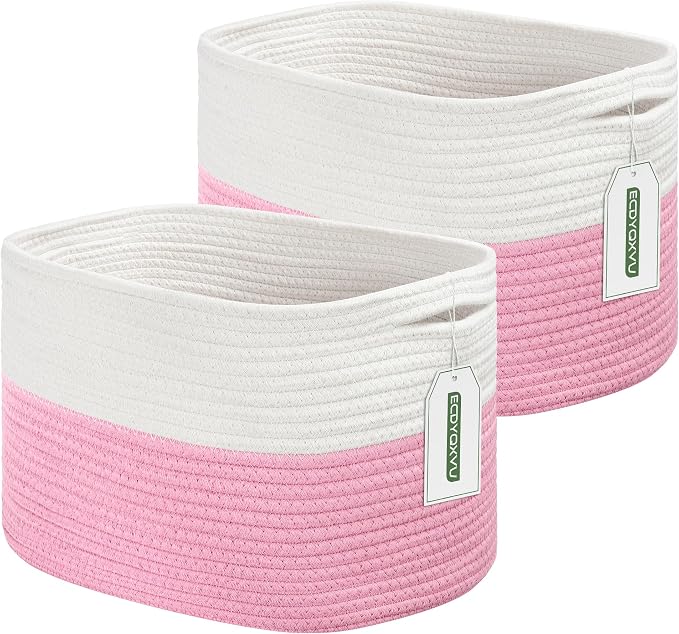 ECDYQXVU Cotton Rope Shelf Storage Basket, 15x10x9 in, Shelf Storage Baskets for Clothes, Towels, Books, Laundry (White/ Pink, 2 Pack) by ECDYQXVU