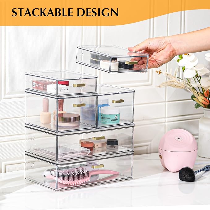LALOBLUE Stackable Storage Drawers, 6 Pack Clear Acrylic Organizer Bins with Golden Handles, Multi-Size Plastic Drawers for Makeup, Vanity, Kitchen, Bathroom, Office, Pantry Organization and Storage - Image 3