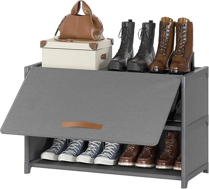 Shoe Rack, 3 Tier Shoe Storage Cabinet with Door 12 Pair Plastic Shoe Shelves Organizer for Closet, Entryway, Hallway, Bedroom, Grey by UNITSTAGE