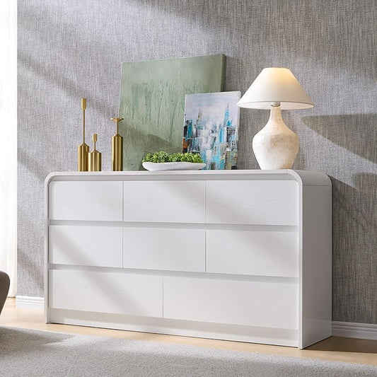 Aitjunz Modern 8 Drawers Dresser for Bedroom, 55" Wide Dressers & Chest of Drawers w/Curved Profile Design, Wood Mid Century Storage Dressers Organizer for Bedroom, Living Room, White