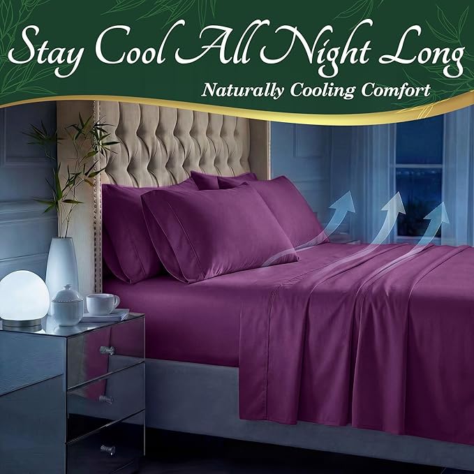 DECOLURE 100% Viscose Derived from Bamboo Sheets Full Size - Luxury 6 Pc Naturally Cooling Sheets, Ultra Soft Bed Set - Deep 17" Pockets, Durable Double Stitching, Oeko Tex Standard (Purple)