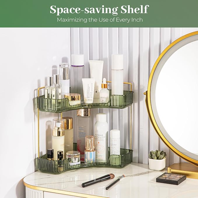 Aveniee Corner Bathroom Counter Organizer, Bathroom Countertop Shelf Makeup Organizer for Vanity Perfume Tray for Corner Storage (2 Tiers, Green) - Image 6
