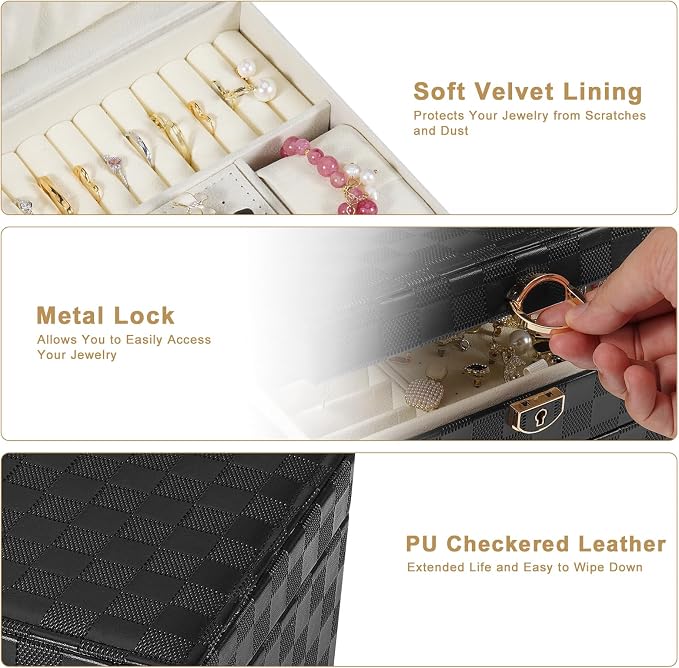GUOER Jewelry Box for Women Girl Wife - Large PU Leather Jewelry Organizer Storage Case with 3 Layers Display for Earrings Bracelets Rings Watches (Checkered Black) - Image 3