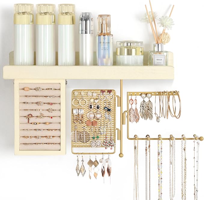 SOLIMINTR Hanging Jewelry Organizer Wall Mount with Rustic Wood Shelf, Ring Display Box, Ear Studs Earring Holder, Rotating Necklace Holder Organizer Gold by SOLIMINTR