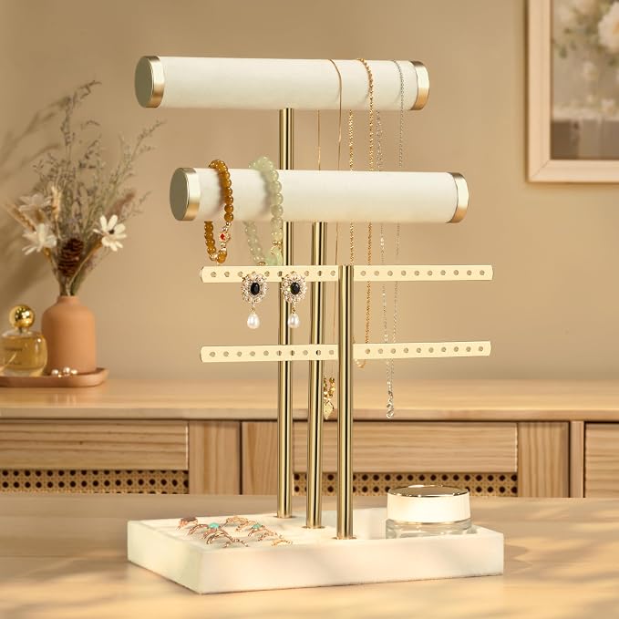 bussdis 3 Tier Bracelet Holder Display - Detachable T Bar Beige Velvet Bracelet Holder, Jewelry Holder Organizer for Bracelet, Necklace, Earrings, Rings - Image 2
