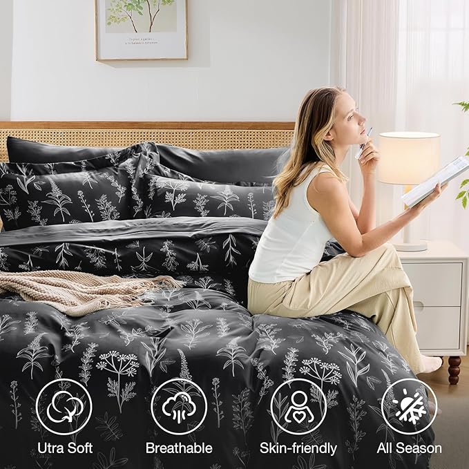 MUXHOMO Black Full Comforter Set, Elegant Floral Print Bed in a Bag 7 Pieces, Ultra Soft & Breathable Reversible Botanical Pattern Bedding Set with Comforter, Sheets, Pillowcases, and Shams
