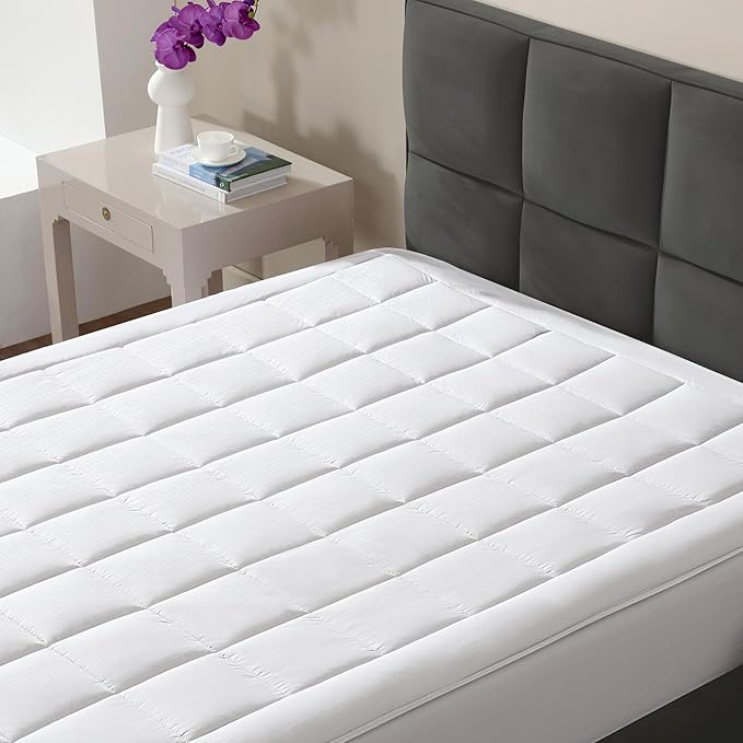 CirclesHome California King Size Mattress Pad Pillow Top - 100% Cotton Top Ultra - Plush Down Alternative Mattress Protector - 200 Thread Count - Stretches from 16-18 inches for Snug Fit