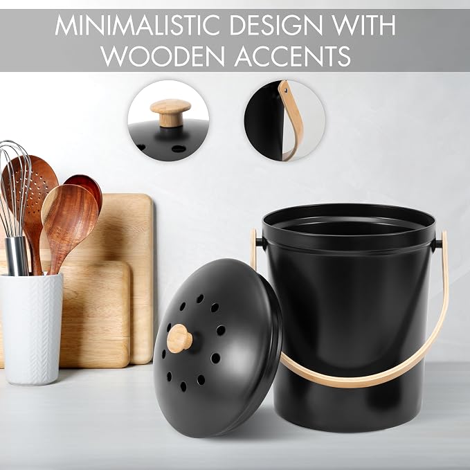 Beautiful Kitchen Compost Bin with Smell Proof Lid - Rust Proof and Odorless Compost Bucket for Your Countertop with No Smell Filters - Easy to Clean 1.1 Gallon Bin Looks Great On Any Kitchen Counter - Image 5