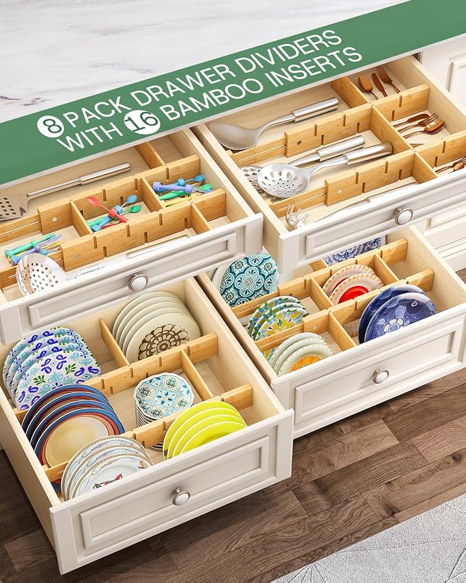kiplant Kitchen Drawer Dividers - Adjustable Drawer Organizer for Clothes, Kitchen, Closet & Office - 8 Pack with Inserts, 13.8-18.8 Inches, Non-Slip Silicone Ends - Image 3