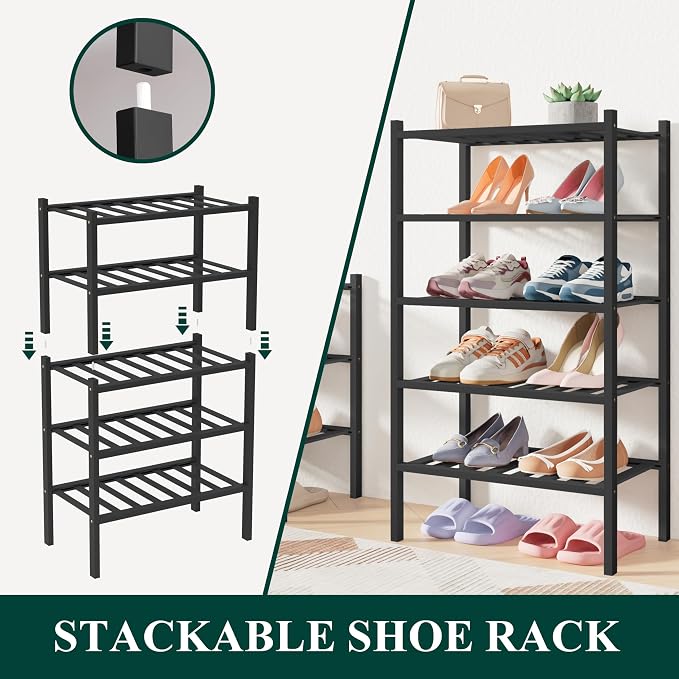 Smiry Bamboo Shoe Rack for Closet, 3 Tier Small Wooden Stackable Shoe Organizer, Free Standing Shoes Storage Shelf for Entryway, Front Door Entrance, Black - Image 4