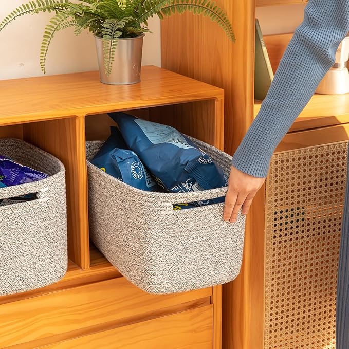 OIAHOMY 4 Pack Storage Baskets for Organizing, Cube Storage Bins for Shelves, Rectangle Storage Baskets With Handles, Woven Baskets for Storage, 16''Lx12''Wx8''H, Grey - Image 4