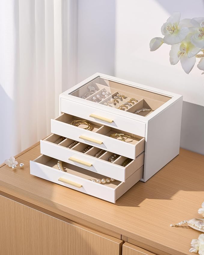 pickpiff Jewelry Box Organizer Case for Women: 4-Layer Jewelry Storage Case with Glass Window, Pure White Leather with Velvet Holder for Ring Necklace Bracelet Brooch Watch, Great Gift for Her - Image 9