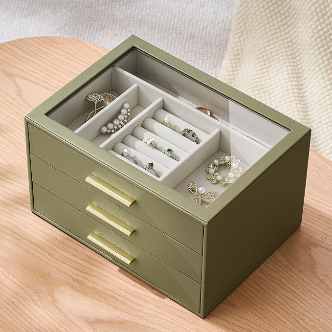 Jewelry Box Organizer Case for Women: 3-Layer Jewelry Storage Case with Glass Window, Olive Green Leather with Cream Velvet, Holder for Ring Necklace Bracelet Brooch Watch, Great Gift for Her - Image 4