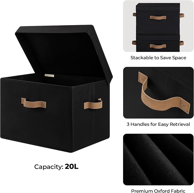 StorageWorks Fabric Storage Bins with Lid, Decorative Storage Boxes for Shelves, Stackable Closet Organizer Basket with Handles, Large, Black, 2-Pack - Image 3