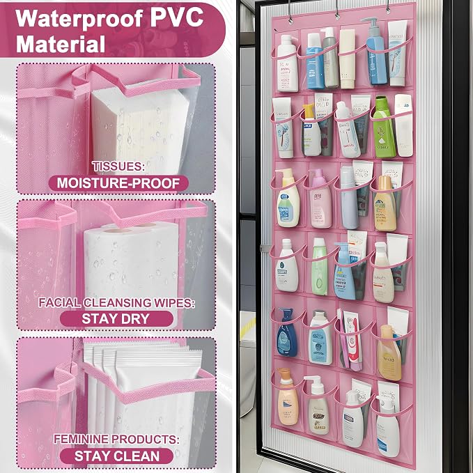Over-the-Door Kids Shoe Organizer, Pink Shoe Rack for Door, 24 Crystal Clear Pockets, Heavy-Duty Hanging Organizer, 3 Metal Hooks for Toddler Shoes - Image 6