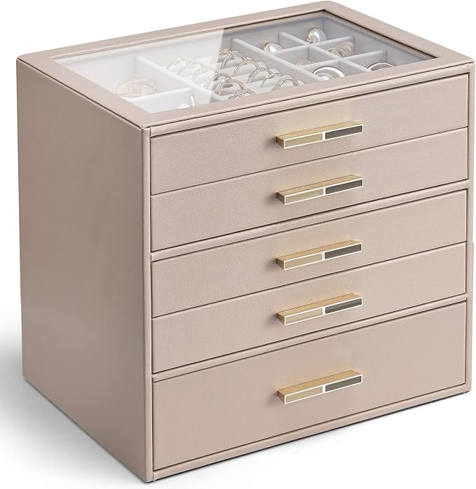 VLANDO 5 Layer Jewelry Box for Women, Glass Lid Jewelry Organizer with 5 Drawers for Necklaces Rings Earrings Bracelets - Toffee by VLANDO