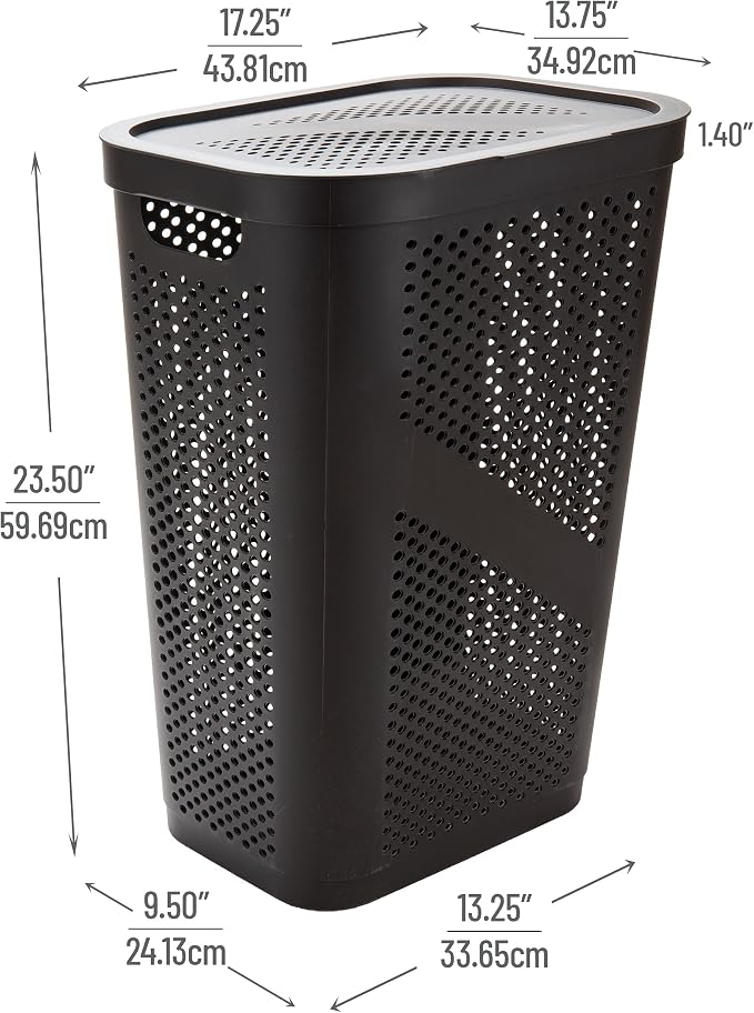 Mind Reader Slim Laundry Hamper with Lid, 60L Clothes Basket, Ventilated Plastic, Brown - Image 3