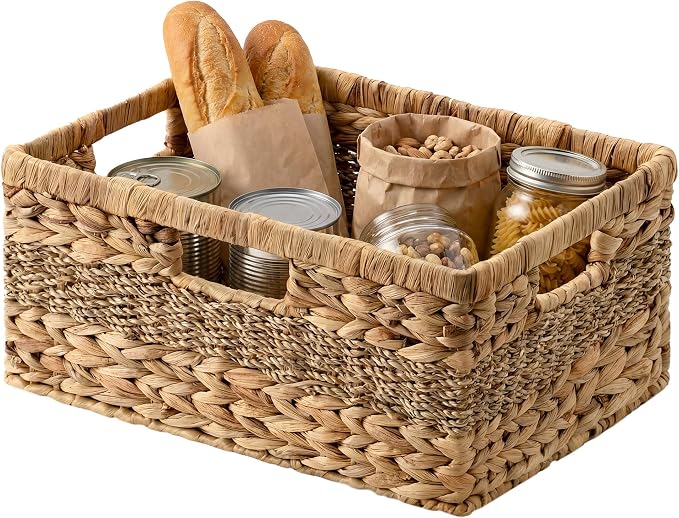 StorageWorks Large Rectangular Wicker Basket, Water Hyacinth and Seagrass Storage Basket with Built-in Handles, 1 Pack by StorageWorks