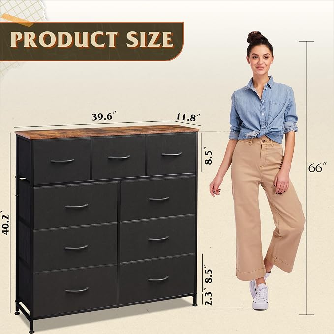 WLIVE 9 Drawer Dresser, Fabric Storage Tower for Bedroom, Hallway, Closet, Tall Chest Organizer Unit for Bedroom with Fabric Bins, Steel Frame, Wood Top, Easy Pull Handle, Black and Rustic Brown - Image 3