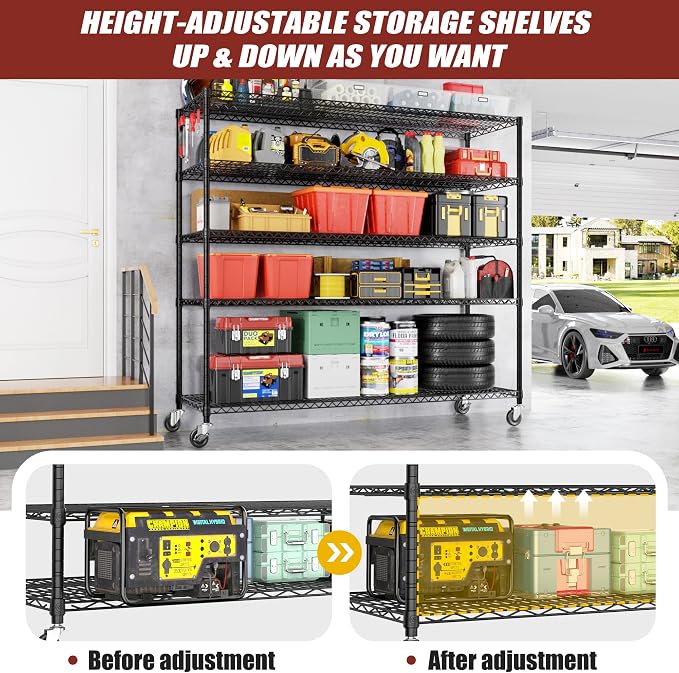 PrimeZone 5 Tier 80.7"H x 55.5"W x 24"D Wire Shelving with Wheels 3000lbs NSF Certified Storage Shelves Heavy Duty Metal Shelf Adjustable Rolling Rack Commercial Garage Restaurant Warehouse Kitchen - Image 8