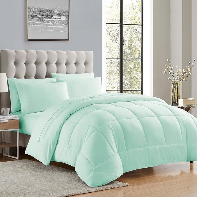 Sweet Home Collection 7 Piece Comforter Set Bag Solid Color All Season Soft Down Alternative Blanket & Luxurious Microfiber Bed Sheets, Mint, Twin XL