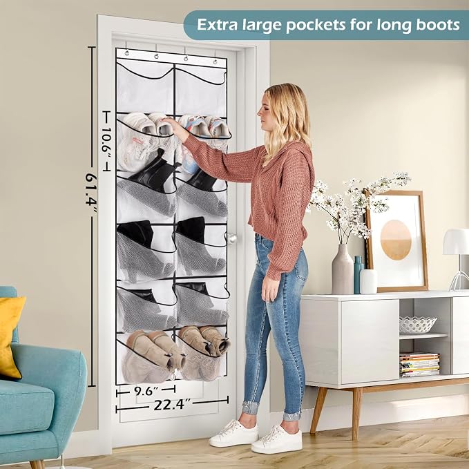 KIMBORA Over The Door Shoe Organizer 12 Large Mesh Pockets Boots Hanging Storage Shoe Rack for Closet White - Image 2