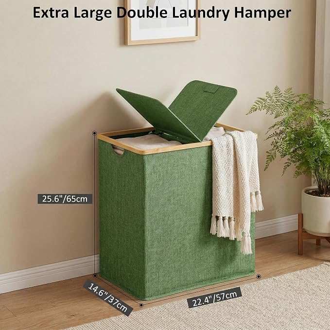 efluky Laundry Hamper with Lid, Double Laundry Hamper with 2 Removable Bags, 2 Section Laundry Basket with Bamboo Handles for Bathroom, Bedroom & Laundry Room,140L Green - Image 3