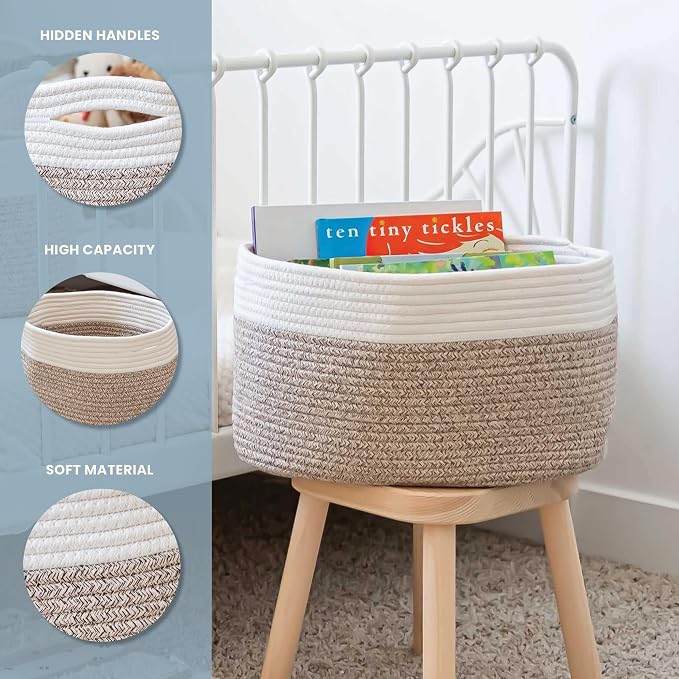 OrganiHaus Rope Baskets for Shelves - Set of 3 Woven Storage Baskets for Organizing, Closet & Toy Storage - Brown/Off-White - 15x9x10 - Image 3