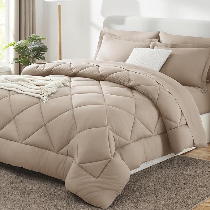 CozyLux Queen Comforter Set Wheat - Bed in a Bag Queen Size 7 Pieces, Luxury Soft Bed Set for All Seasons, Bedding Set with Down Alternative Comforter, Sheets, Pillowcases & Shams