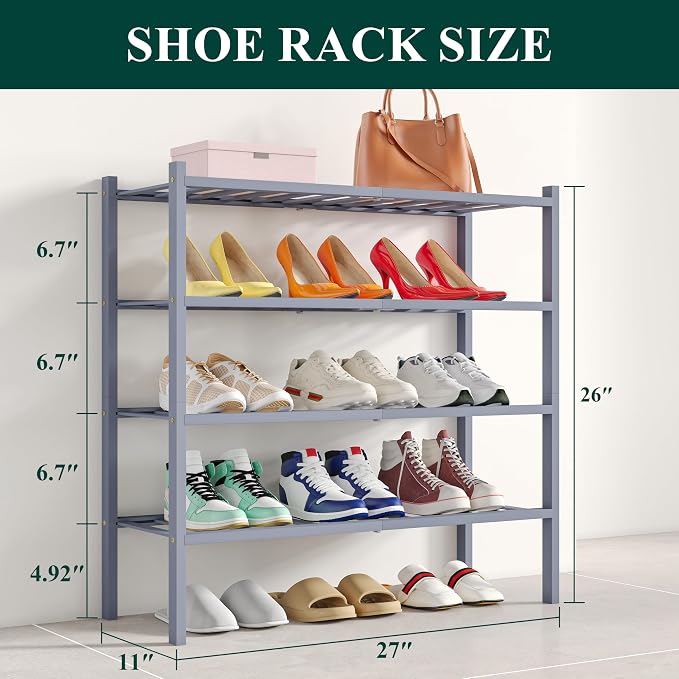 Smiry Shoe Rack, 4 Tier Bamboo Shoe Organizer, Stackable Free Standing Wooden Shoe Storage Shelf for Closet, Entryway, Front Door Entrance, Grey - Image 2